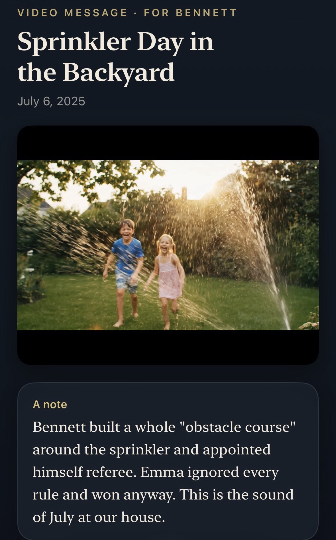 A saved dearest memory with video and note.