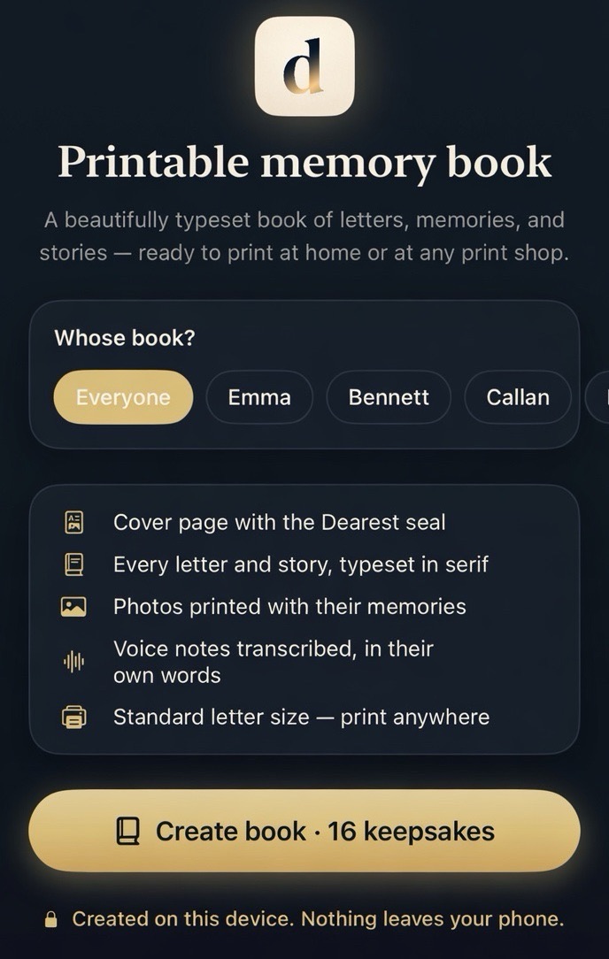 Printable memory book creation screen in dearest.