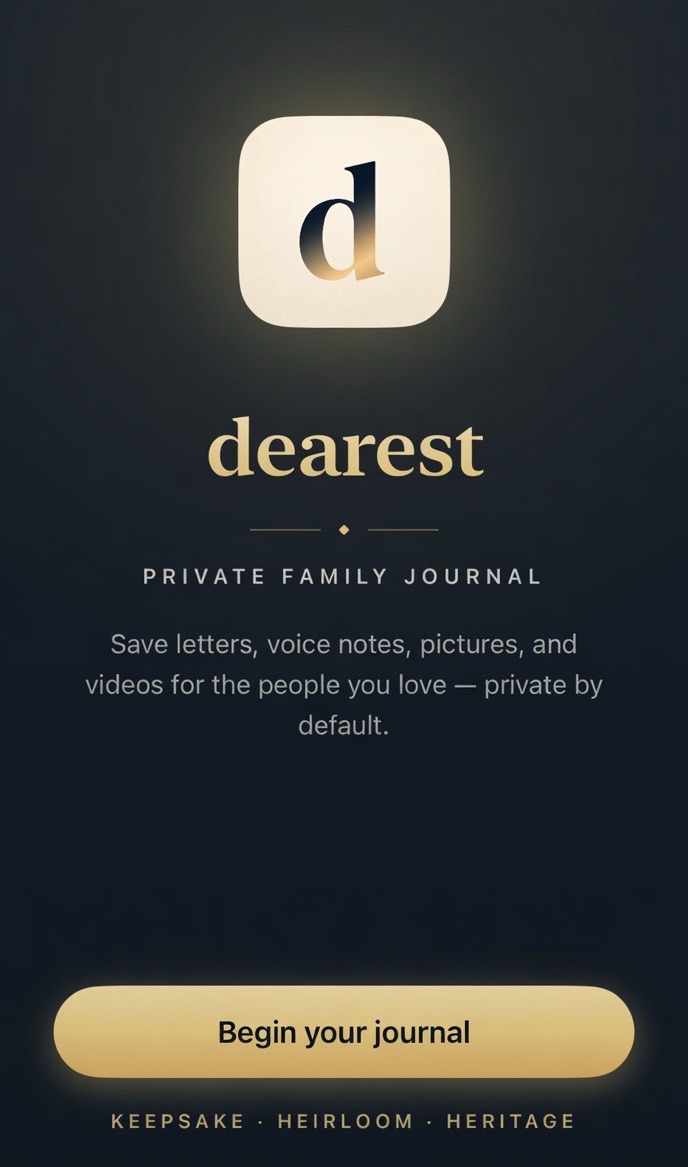 dearest private family journal welcome screen.