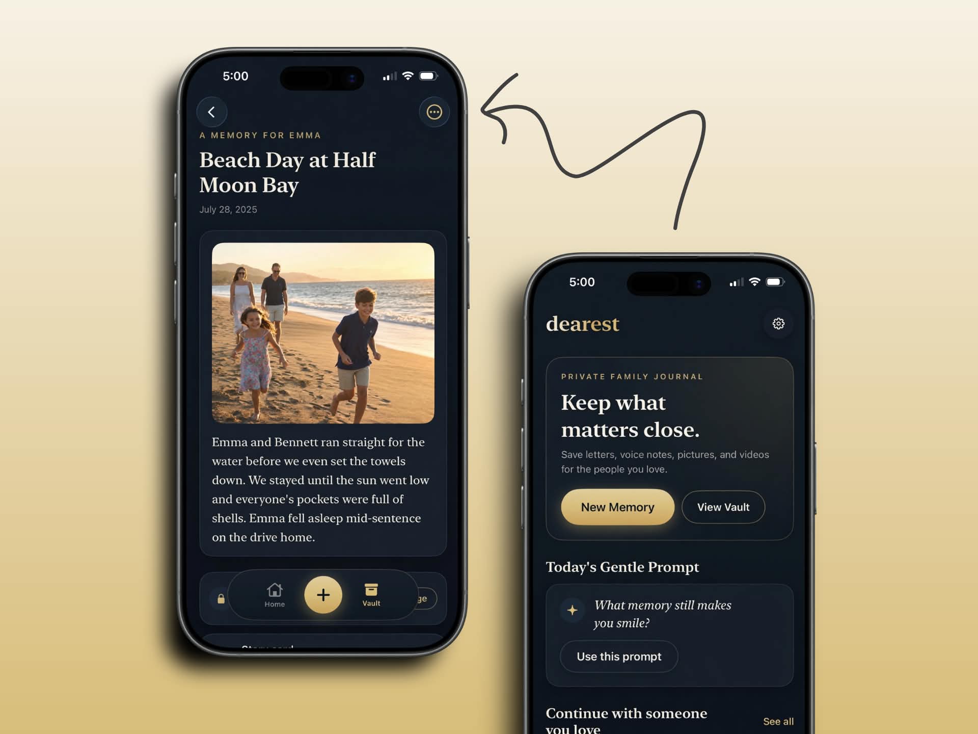 dearest app screens showing a private memory and home screen.